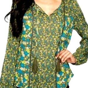 NWT PrAna Faith Boho Peasant Blouse Olive Floral Long Sleeve Tassel Tie Neck XL